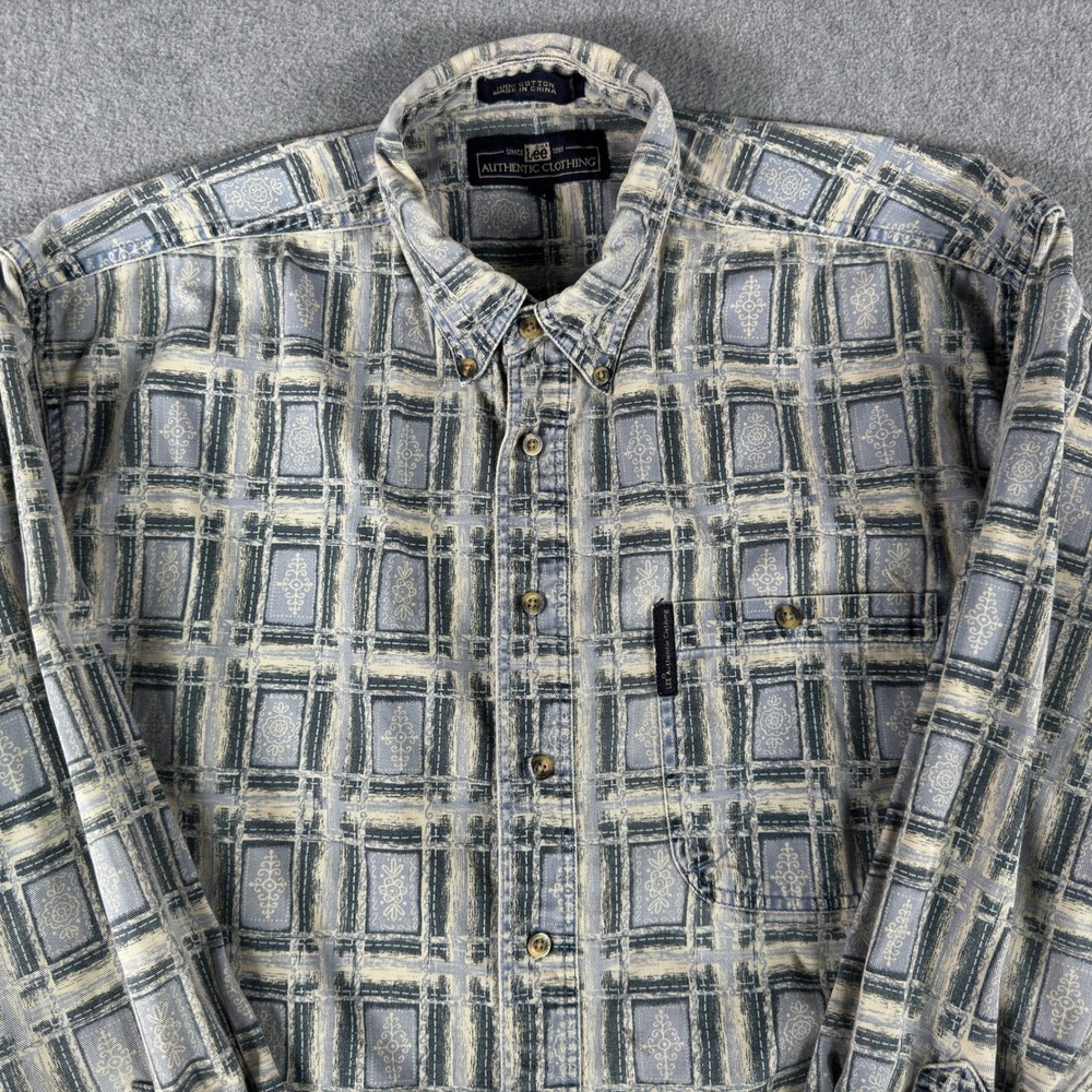 Vintage Lee Authentic Clothing Geometric 100% Cotton Button Down Long Sleeve